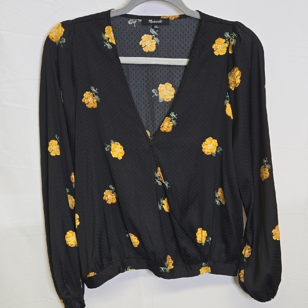 Madewell Black Surplice Blouse with Yellow Floral Print